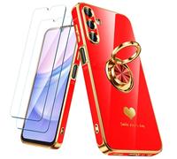 Nonional for Samsung Galaxy A15 5G Case with 2 Pack Screen Protector, 360° Rotatable Ring Holder [Luxury Hearts Pattern] Plating Gold Edge Slim Soft Phone Cover Case for Galaxy A15 - Red
