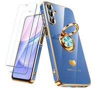 Nonional for Samsung Galaxy A15 5G Case with 2 Pack Screen Protector, 360° Rotatable Ring Holder [Luxury Hearts Pattern] Plating Gold Edge Slim Soft Phone Cover Case for Galaxy A15 - Lake Blue