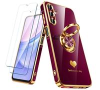 Nonional for Samsung Galaxy A15 5G Case with 2 Pack Screen Protector, 360° Rotatable Ring Holder [Luxury Hearts Pattern] Plating Gold Edge Slim Soft Phone Cover Case for Galaxy A15 - Wine Red