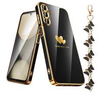 Nonional for Samsung Galaxy A15 5G Case with Phone Lanyard Wrist Strap [Butterfly Shape], Luxury Double Heart Pattern Plating Gold Edge Slim Soft Phone Cover Case for Galaxy A15 - Black