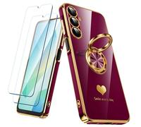 Nonional for Samsung Galaxy A16 5G/4G Case with 2 Pack Screen Protector, 360° Rotatable Ring Holder [Luxury Hearts Pattern] Plating Gold Edge Slim Soft Phone Cover Case for Galaxy A16 - Wine Red