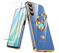 Nonional for Samsung Galaxy A16 5G/4G Case with 2 Pack Screen Protector, 360° Rotatable Ring Holder [Luxury Hearts Pattern] Plating Gold Edge Slim Soft Phone Cover Case for Galaxy A16 - Lake Blue