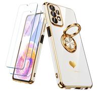 Nonional for Samsung Galaxy A23 5G/4G Case with 2 Pack Screen Protector, 360° Rotatable Ring Holder [Luxury Hearts Pattern] Plating Gold Edge Slim Soft Phone Cover Case for Galaxy A23 - White