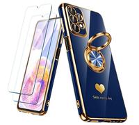 Nonional for Samsung Galaxy A23 5G/4G Case with 2 Pack Screen Protector, 360° Rotatable Ring Holder [Luxury Hearts Pattern] Plating Gold Edge Slim Soft Phone Cover Case for Galaxy A23 - Blue