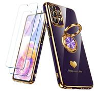 Nonional for Samsung Galaxy A23 5G/4G Case with 2 Pack Screen Protector, 360° Rotatable Ring Holder [Luxury Hearts Pattern] Plating Gold Edge Slim Soft Phone Cover Case for Galaxy A23 - Purple