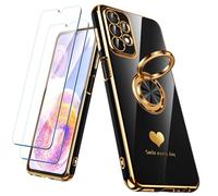 Nonional for Samsung Galaxy A23 5G/4G Case with 2 Pack Screen Protector, 360° Rotatable Ring Holder [Luxury Hearts Pattern] Plating Gold Edge Slim Soft Phone Cover Case for Galaxy A23 - Black