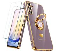 Nonional for Samsung Galaxy A25 5G Case with 2 Pack Screen Protector, 360° Rotatable Ring Holder [Luxury Hearts Pattern] Plating Gold Edge Slim Soft Phone Cover Case for Galaxy A25 - Light Purple