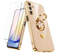 Nonional for Samsung Galaxy A25 5G Case with 2 Pack Screen Protector, 360° Rotatable Ring Holder [Luxury Hearts Pattern] Plating Gold Edge Slim Soft Phone Cover Case for Galaxy A25 - Pink