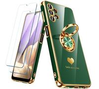 Nonional for Samsung Galaxy A32 5G Case with 2 Pack Screen Protector, 360° Rotatable Ring Holder [Luxury Hearts Pattern] Plating Gold Edge Slim Soft Phone Cover Case for Galaxy A32 - Green