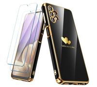 Nonional for Samsung Galaxy A32 5G Case with 2 Pack Screen Protector, Luxury Double Heart Pattern Plating Gold Edge Slim Soft Phone Cover Case for Galaxy A32 - Black