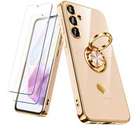 Nonional for Samsung Galaxy A35 5G Case with 2 Pack Screen Protector, 360° Rotatable Ring Holder [Luxury Hearts Pattern] Plating Gold Edge Slim Soft Phone Cover Case for Galaxy A35 - Pink