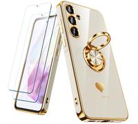 Nonional for Samsung Galaxy A35 5G Case with 2 Pack Screen Protector, 360° Rotatable Ring Holder [Luxury Hearts Pattern] Plating Gold Edge Slim Soft Phone Cover Case for Galaxy A35 - White