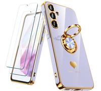 Nonional for Samsung Galaxy A35 5G Case with 2 Pack Screen Protector, 360° Rotatable Ring Holder [Luxury Hearts Pattern] Plating Gold Edge Slim Soft Phone Cover Case for Galaxy A35 - Lavender