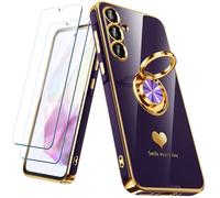 Nonional for Samsung Galaxy A35 5G Case with 2 Pack Screen Protector, 360° Rotatable Ring Holder [Luxury Hearts Pattern] Plating Gold Edge Slim Soft Phone Cover Case for Galaxy A35 - Purple