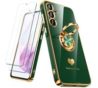 Nonional for Samsung Galaxy A35 5G Case with 2 Pack Screen Protector, 360° Rotatable Ring Holder [Luxury Hearts Pattern] Plating Gold Edge Slim Soft Phone Cover Case for Galaxy A35 - Green