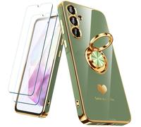 Nonional for Samsung Galaxy A35 5G Case with 2 Pack Screen Protector, 360° Rotatable Ring Holder [Luxury Hearts Pattern] Plating Gold Edge Slim Soft Phone Cover Case for Galaxy A35 - Light Green
