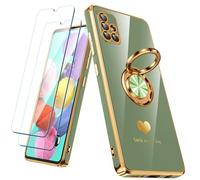 Nonional for Samsung Galaxy A51 4G Case with 2 Pack Screen Protector, 360° Rotatable Ring Holder [Luxury Hearts Pattern] Plating Gold Edge Slim Soft Phone Cover Case for Galaxy A51 - Light Green