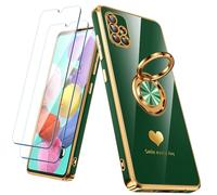 Nonional for Samsung Galaxy A51 4G Case with 2 Pack Screen Protector, 360° Rotatable Ring Holder [Luxury Hearts Pattern] Plating Gold Edge Slim Soft Phone Cover Case for Galaxy A51 - Green