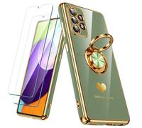 Nonional for Samsung Galaxy A52s 5G/A52 Case with 2 Pack Screen Protector, 360° Rotatable Ring Holder [Luxury Hearts Pattern] Plating Gold Edge Slim Soft Phone Cover Case for Galaxy A52 - LightGreen