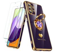 Nonional for Samsung Galaxy A52s 5G/A52 Case with 2 Pack Screen Protector, 360° Rotatable Ring Holder [Luxury Hearts Pattern] Plating Gold Edge Slim Soft Phone Cover Case for Galaxy A52 - Purple