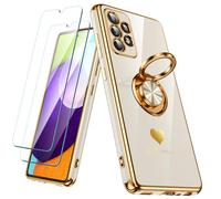 Nonional for Samsung Galaxy A52s 5G/A52 Case with 2 Pack Screen Protector, 360° Rotatable Ring Holder [Luxury Hearts Pattern] Plating Gold Edge Slim Soft Phone Cover Case for Galaxy A52 - White