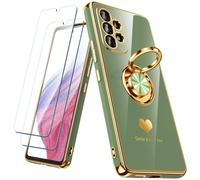 Nonional for Samsung Galaxy A53 5G Case with 2 Pack Screen Protector, 360° Rotatable Ring Holder [Luxury Hearts Pattern] Plating Gold Edge Slim Soft Phone Cover Case for Galaxy A53 - Light Green