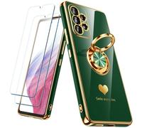 Nonional for Samsung Galaxy A53 5G Case with 2 Pack Screen Protector, 360° Rotatable Ring Holder [Luxury Hearts Pattern] Plating Gold Edge Slim Soft Phone Cover Case for Galaxy A53 - Green
