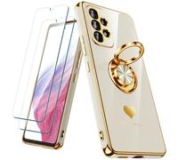 Nonional for Samsung Galaxy A53 5G Case with 2 Pack Screen Protector, 360° Rotatable Ring Holder [Luxury Hearts Pattern] Plating Gold Edge Slim Soft Phone Cover Case for Galaxy A53 - White