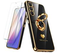 Nonional for Samsung Galaxy A54 5G Case with 2 Pack Screen Protector, 360° Rotatable Ring Holder [Luxury Hearts Pattern] Plating Gold Edge Slim Soft Phone Cover Case for Galaxy A54 - Black