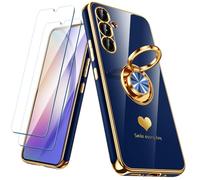Nonional for Samsung Galaxy A54 5G Case with 2 Pack Screen Protector, 360° Rotatable Ring Holder [Luxury Hearts Pattern] Plating Gold Edge Slim Soft Phone Cover Case for Galaxy A54 - Blue