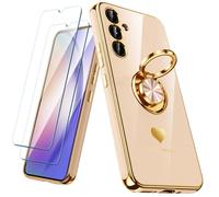 Nonional for Samsung Galaxy A54 5G Case with 2 Pack Screen Protector, 360° Rotatable Ring Holder [Luxury Hearts Pattern] Plating Gold Edge Slim Soft Phone Cover Case for Galaxy A54 - Pink