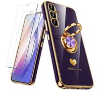 Nonional for Samsung Galaxy A54 5G Case with 2 Pack Screen Protector, 360° Rotatable Ring Holder [Luxury Hearts Pattern] Plating Gold Edge Slim Soft Phone Cover Case for Galaxy A54 - Purple