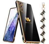 Nonional for Samsung Galaxy S20 FE 5G Case with Phone Lanyard Wrist Strap [Butterfly Shape], Luxury Double Heart Pattern Plating Gold Edge Slim Soft Phone Cover Case for Galaxy S20 FE - Black