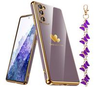 Nonional for Samsung Galaxy S20 FE 5G Case with Phone Lanyard Wrist Strap [Butterfly Shape], Luxury Double Heart Pattern Plating Gold Edge Slim Soft Phone Cover Case for Galaxy S20 FE - Light Purple