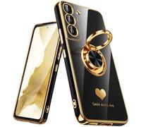 Nonional for Samsung Galaxy S22 5G Case, 360° Rotatable Ring Holder [Luxury Hearts Pattern] Plating Gold Edge Slim Soft Phone Cover Case for Galaxy S22 - Black