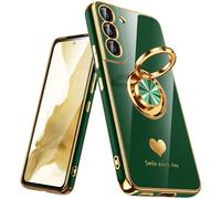 Nonional for Samsung Galaxy S22 5G Case, 360° Rotatable Ring Holder [Luxury Hearts Pattern] Plating Gold Edge Slim Soft Phone Cover Case for Galaxy S22 - Green