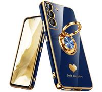 Nonional for Samsung Galaxy S22 5G Case, 360° Rotatable Ring Holder [Luxury Hearts Pattern] Plating Gold Edge Slim Soft Phone Cover Case for Galaxy S22 - Blue