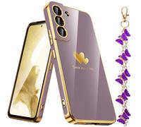 Nonional for Samsung Galaxy S22 Case with Phone Lanyard Wrist Strap [Butterfly Shape], Luxury Double Heart Pattern Plating Gold Edge Slim Soft Phone Cover Case for Galaxy S22 - Light Purple