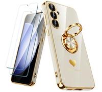 Nonional for Samsung Galaxy S23 FE 5G Case with 2 Pack Screen Protector, 360° Rotatable Ring Holder [Luxury Hearts Pattern] Plating Gold Edge Slim Soft Phone Cover Case for Galaxy S23 FE - White