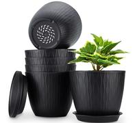 NONMON 20cm Plastic Plant Pots Indoor, 6 Pack Plastic Planters with Drainage Holes and Saucer, Modern Decorative Stripe Grooves Flower Pots for Indoor Outdoor Houseplants, Black