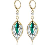 NONQL Charm Handmade Bohemian Vacation Green Leaf Hoop Huggie Earrings Ctystal Hollow Leaf Dangle Drop Earrings for Women, Metal, No Gemstone