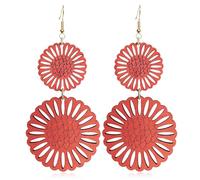 NONQL Handmade Lightweight Wooden Double Flower Dangle Drop Earrings Bohemian Natural Wood Hollow Out Tiered Floral Daisy Flower Hook Earrings for Women, Wood, No Gemstone