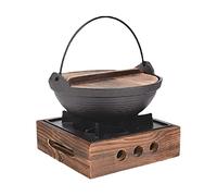 Nonstick Cast Iron Pot Japanese Sukiyaki Shabu Hot Pot Soup Cooking Cookware Pot Pan with Wooden Lid and Stove for Sukiyaki Noodle Ramen 24CM