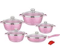 Nonstick Cookware Sets Granite Cooking Pots And Pans With Glass Lids Marble Coated Aluminium Home Kitchenware Cooking Pot With Saucepans Frying Pan Stock Pot 10 Piece,Pink 69Tranquillity