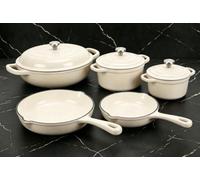 Nonstick Enameled Cast Iron Cookware Set - 8 Piece Pots and Pans with Lid, Frying Pan, Skillet, Dutch Oven Set for All Stovetops, Ideal for Sourdough Bread Baking, Comes with Organizer, Cream White