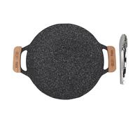 Nonstick Grill Pan,Korean BBQ Grill Pan,Round Iron Griddle Frying Pan with Solid Wood Handle & Food Clip,Multifunctional Barbecue Frying Pan for Outdoor Camping Commercial Cooking (Large)