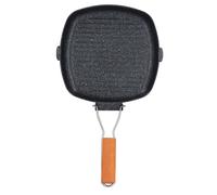 Nonstick Grilling Pan Skillet Maifan Stone Square Grill Pan with Foldable Wood Handle Even Heat Distribution for Indoor Cooking Gas Stove Induction Cooker 17.3x10.4in