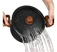 Nonstick Pot with Strainer Lid and Pasta Fork, 4.7L Cooking Stock Pot with Lockable Lid, Heat-Resistant Handles, Easy Clean, Even Heat Distribution, 24cm Black Marble Finish