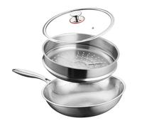 Nonstick Titanium Hammered Frying Pan, Durable Scratch-Resistant Cookware, Flat Bottom Wok with Steamer, Ideal for Healthy Cooking & Easy Cleanup Silver 32cm