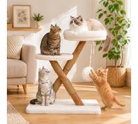 Nonta indoor cat with small wooden cat tree, X-shaped stable cat tower, with 2 platforms, natural sisal grab pole, soft fur cat fence with toys, suitable for compact cat furniture in small space multi
